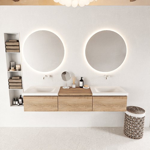BUKLA 180cm mueble de baño con módulo 60 Washed Oak 3 cajones. Lavabo CLOUD duble sin orificios color Talc-3