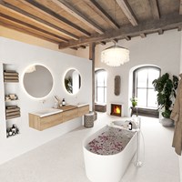 BUKLA 180cm mueble de baño con módulo 60 Washed Oak 3 cajones. Lavabo CLOUD duble sin orificios color Talc-2