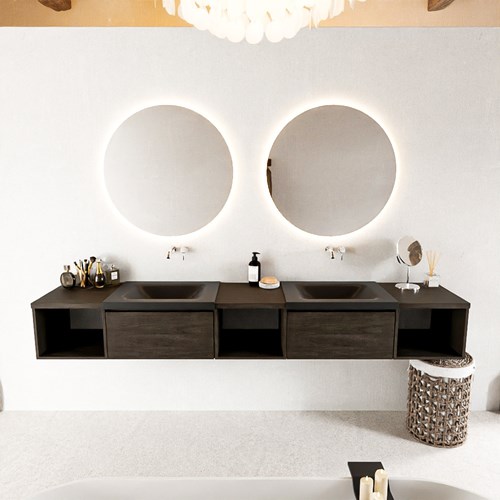 BUKLA 240cm mueble de baño con módulo abierto 40 izquierda + centro + derecho Dark Brown 2 cajones. Lavabo CLOUD duble sin orificios color Urban-3