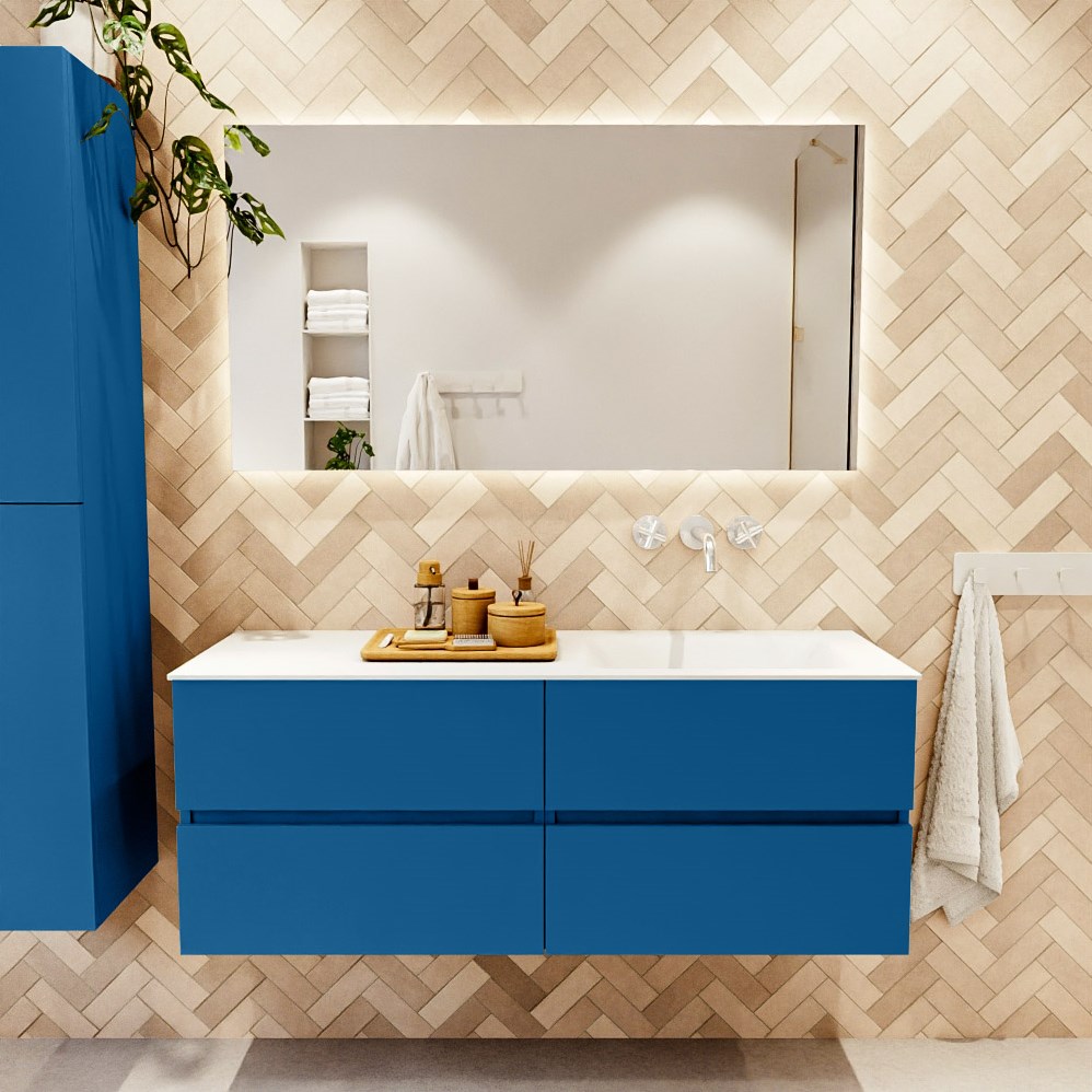 VICA 130cm meubles de salle de bains Jeans 4 tiroirs. Lavabo CLOUD Droite sans trou pour robinet couleur Talc