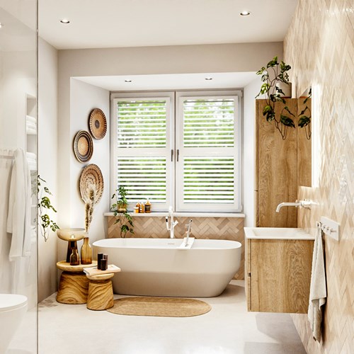 VICA 60cm mobili da bagno Washed Oak 2 cassetti. Lavabo CLOUD Centro senza foro per il rubinetto, colore Talc.-3