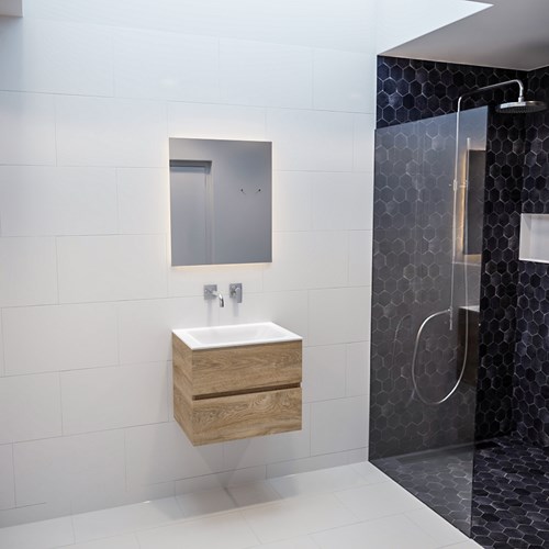VICA 60cm bathroom vanity unit Washed Oak 2 drawers. Vanity top CLOUD Center without tab hole.-3