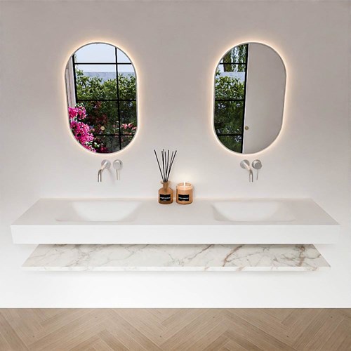 ALAN 190cm badmeubel Melamine planchet Carrara. Vrijhangende wastafel CLOUD Dubbel zonder kraangat kleur Talc.-3