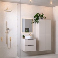 PROYECT 60cm meubles de salle de bains Linen avec 2 tiroirs. Lavabo RONDA Céramique Centrée 1 trou pour robinetter Blanco brillo.-2