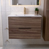PROYECT 80cm bathroom vanity unit Mocha with 2 drawers. Vanity top Ceramics Center 1 tab hole Gloss white.-3