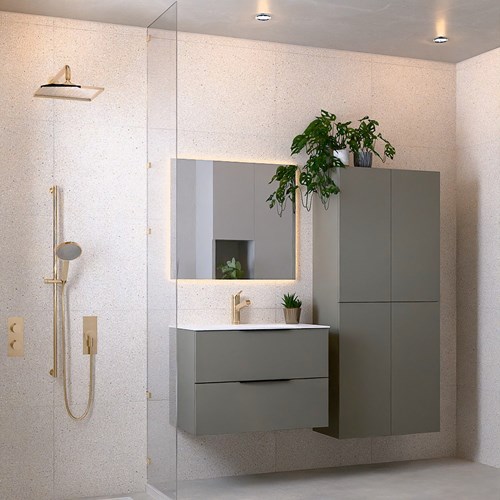 PROYECT 80cm bathroom vanity unit Smoke with 2 drawers. Vanity top solid surface Center 1 tab hole Talc.-2