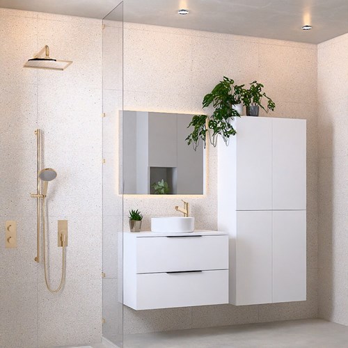 PROYECT 80cm meubles de salle de bains Talc avec 2 tiroirs. Lavabo RONDA Céramique Centrée 1 trou pour robinetter Blanco brillo.-2
