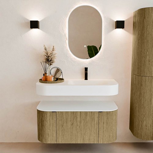 THOR 100cm meubles de salle de bains courbe gauche + droite couleur Dusk avec 1 tiroir et 2 portes. Lavabo suspendu CLOUD Droite 1 trou pour robinetter couleur Talc.-3
