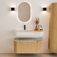 THOR-DLUX 100cm meubles de salle de bains courbe gauche + droite couleur Oak avec 1 tiroir et 2 portes. Lavabo suspendu CLOUD Gauche 1 trou pour robinetter couleur Frappe.-3