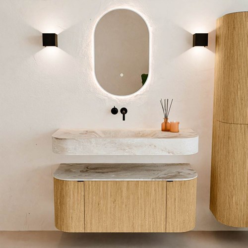 THOR-DLUX 110cm badmeubel ronding links + rechts kleur Oak met 1 lade en 2 deuren. Vrijhangende wastafel CLOUD Midden zonder kraangat kleur Frappe.-3