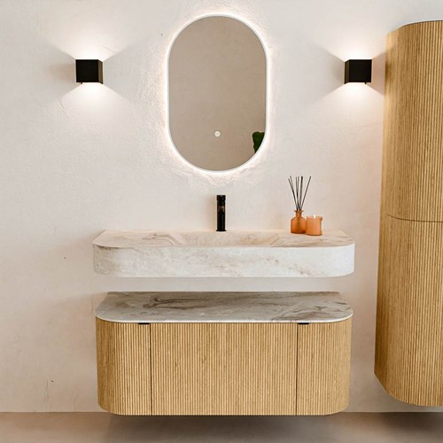 THOR-DLUX 110cm meubles de salle de bains courbe gauche + droite couleur Oak avec 1 tiroir et 2 portes. Lavabo suspendu CLOUD Centrée 1 trou pour robinetter couleur Frappe.-3