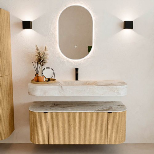 THOR-DLUX 120cm mueble de baño curva izquierda + derecha color Oak con 1 cajón y 2 puertas. Lavabo suspendido CLOUD Centro 1 orificio color Frappe.-3