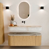 THOR-DLUX 130cm mueble de baño curva izquierda + derecha color Oak con 1 cajón y 2 puertas. Lavabo suspendido CLOUD Centro sin orificio color Frappe.-3