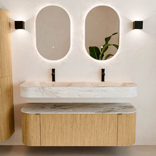 THOR-DLUX 140cm mueble de baño curva izquierda + derecha color Oak con 1 cajón y 2 puertas. Lavabo suspendido CLOUD Doble 2 orificios color Frappe.-3