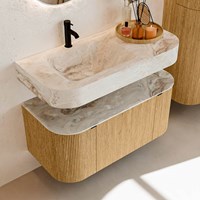 THOR-DLUX 100cm meubles de salle de bains courbe gauche + droite couleur Oak avec 1 tiroir et 2 portes. Lavabo suspendu CLOUD Gauche 1 trou pour robinetter couleur Frappe.-2