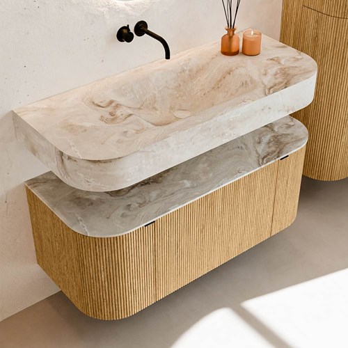 THOR-DLUX 110cm badmeubel ronding links + rechts kleur Oak met 1 lade en 2 deuren. Vrijhangende wastafel CLOUD Midden zonder kraangat kleur Frappe.-2
