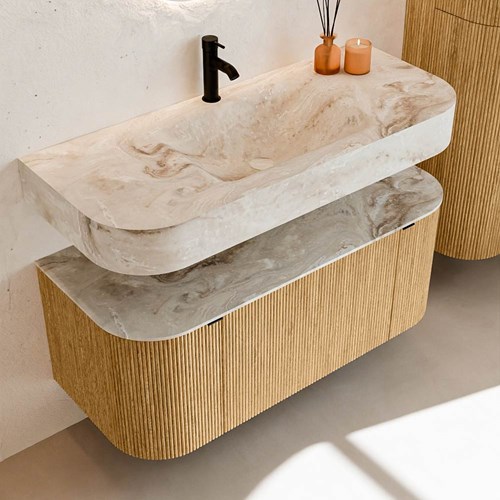 THOR-DLUX 110cm meubles de salle de bains courbe gauche + droite couleur Oak avec 1 tiroir et 2 portes. Lavabo suspendu CLOUD Centrée 1 trou pour robinetter couleur Frappe.-2
