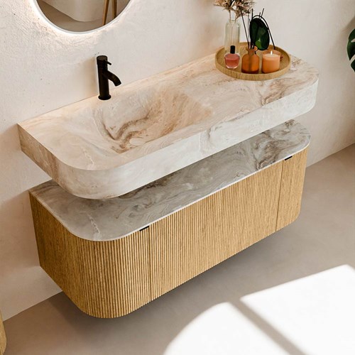 THOR-DLUX 120cm badmeubel ronding links + rechts kleur Oak met 1 lade en 2 deuren. Vrijhangende wastafel CLOUD Links 1 kraangat kleur Frappe.-2