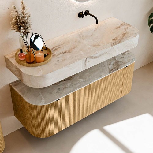 THOR-DLUX 130cm badmeubel ronding links + rechts kleur Oak met 1 lade en 2 deuren. Vrijhangende wastafel CLOUD Rechts zonder kraangat kleur Frappe.-2
