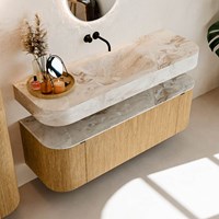 THOR-DLUX 140cm badmeubel ronding links + rechts kleur Oak met 1 lade en 2 deuren. Vrijhangende wastafel CLOUD Midden zonder kraangat kleur Frappe.-2