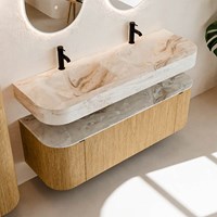 THOR-DLUX 140cm mueble de baño curva izquierda + derecha color Oak con 1 cajón y 2 puertas. Lavabo suspendido CLOUD Doble 2 orificios color Frappe.-2