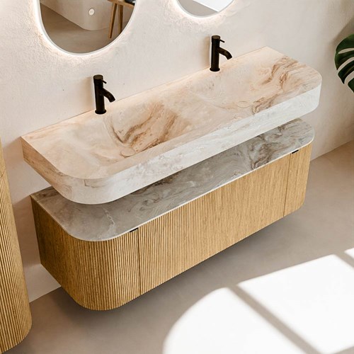 THOR-DLUX 140cm mueble de baño curva izquierda + derecha color Oak con 1 cajón y 2 puertas. Lavabo suspendido CLOUD Doble 2 orificios color Frappe.-2