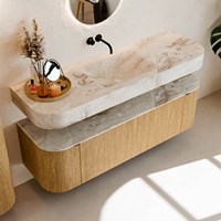 THOR-DLUX 150cm badmeubel ronding links + rechts kleur Oak met 1 lade en 2 deuren. Vrijhangende wastafel CLOUD Midden zonder kraangat kleur Frappe.-2