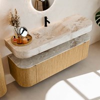 THOR-DLUX 150cm badmeubel ronding links + rechts kleur Oak met 1 lade en 2 deuren. Vrijhangende wastafel CLOUD Midden 1 kraangat kleur Frappe.-2