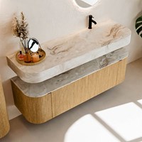 THOR-DLUX 150cm badmeubel ronding links + rechts kleur Oak met 1 lade en 2 deuren. Vrijhangende wastafel CLOUD Rechts 1 kraangat kleur Frappe.-2