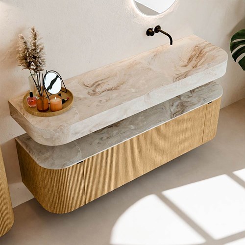 THOR-DLUX 160cm meubles de salle de bains courbe gauche + droite couleur Oak avec 1 tiroir et 2 portes. Lavabo suspendu CLOUD Droite sans trou pour robinet couleur Frappe.-2