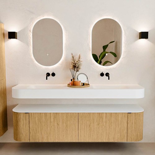 THOR 180cm meubles de salle de bains courbe gauche + droite couleur Oak avec 2 tiroirs et 2 portes. Lavabo suspendu CLOUD Double sans trou pour robinet couleur Talc.-3
