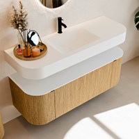 THOR 130cm meubles de salle de bains courbe gauche + droite couleur Oak avec 1 tiroir et 2 portes. Lavabo suspendu CLOUD Centrée 1 trou pour robinetter couleur Talc.-2