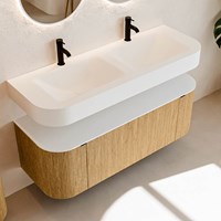 THOR 130cm bathroom vanity set curve left + right color Oak with 1 drawer and 2 doors. Floating sink CLOUD Double 2 tab holes color Talc.-2