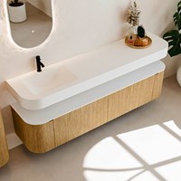 THOR 190cm mueble de baño curva izquierda + derecha color Oak con 2 cajones y 2 puertas. Lavabo suspendido CLOUD Izquierda 1 orificio color Talc.-2