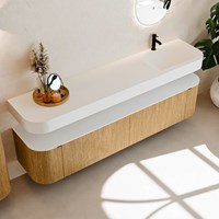 THOR 200cm mueble de baño curva izquierda + derecha color Oak con 2 cajones y 2 puertas. Lavabo suspendido CLOUD Derecho 1 orificio color Talc.-2
