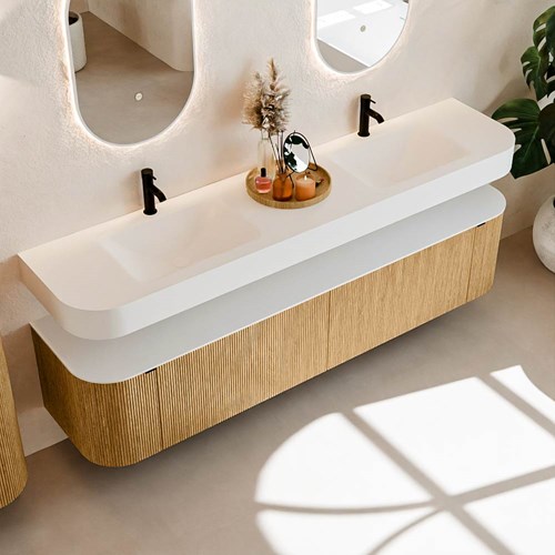 THOR 200cm meubles de salle de bains courbe gauche + droite couleur Oak avec 2 tiroirs et 2 portes. Lavabo suspendu CLOUD Double 2 trous robinetterie couleur Talc.-2