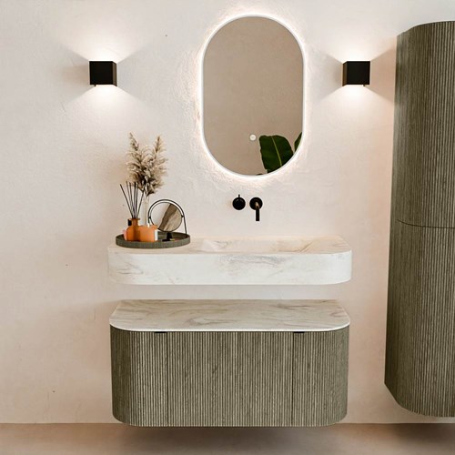 THOR-DLUX 100cm meubles de salle de bains courbe gauche + droite couleur Shadow avec 1 tiroir et 2 portes. Lavabo suspendu CLOUD Droite sans trou pour robinet couleur Ostra.-3