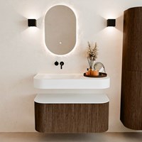 THOR 100cm meubles de salle de bains courbe gauche + droite couleur Walnut avec 1 tiroir et 2 portes. Lavabo suspendu CLOUD Gauche sans trou pour robinet couleur Talc.-3