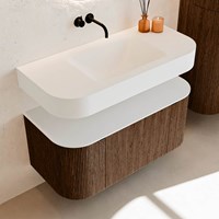 THOR 100cm meubles de salle de bains courbe gauche + droite couleur Walnut avec 1 tiroir et 2 portes. Lavabo suspendu CLOUD Centrée sans trou pour robinet couleur Talc.-2