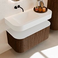 THOR 100cm meubles de salle de bains courbe gauche + droite couleur Walnut avec 1 tiroir et 2 portes. Lavabo suspendu CLOUD Gauche sans trou pour robinet couleur Talc.-2