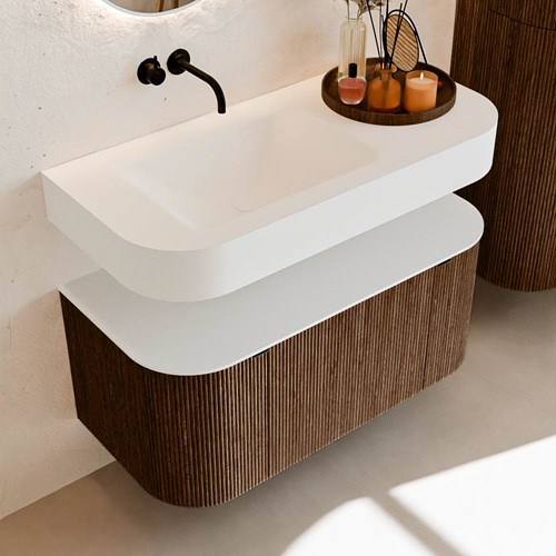THOR 100cm meubles de salle de bains courbe gauche + droite couleur Walnut avec 1 tiroir et 2 portes. Lavabo suspendu CLOUD Gauche sans trou pour robinet couleur Talc.-2