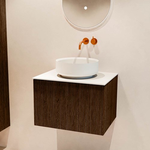 VELOR 60cm meubles de salle de bains couleur Walnut avec 1 tiroir et 0 portes. Vasque à poser COSS Centrée sans trou pour robinet couleur Talc.-2