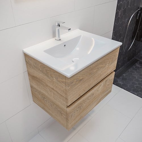 VICA 60cm mueble de baño Washed Oak 2 cajones lavabo DENIA Centro 1 orificio.