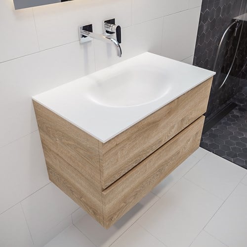 VICA 80cm mueble de baño Washed Oak 2 cajones lavabo MOON Centro sin orificio.