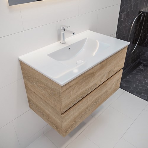 VICA 80cm mueble de baño Washed Oak 2 cajones lavabo DENIA Centro 1 orificio.