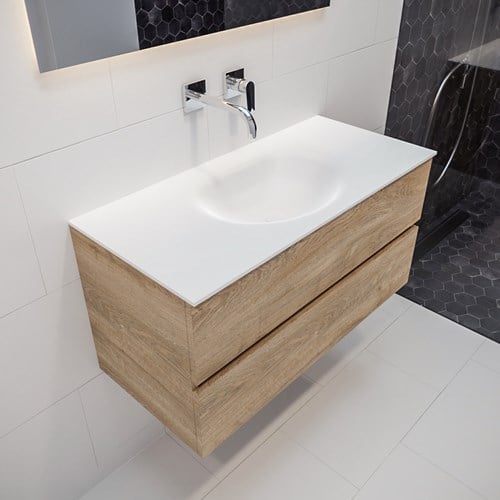 VICA 100cm mueble de baño Washed Oak 2 cajones lavabo MOON Centro sin orificio.