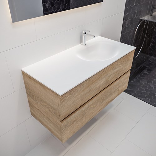 VICA 100cm mueble de baño Washed Oak 2 cajones lavabo MOON Derecho 1 orificio.