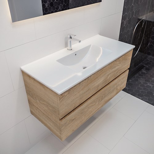 VICA 100cm mueble de baño Washed Oak 2 cajones lavabo DENIA Centro 1 orificio.
