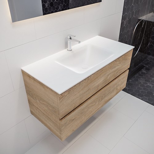 VICA 100cm mueble de baño Washed Oak 2 cajones lavabo CLOUD Centro 1 orificio.