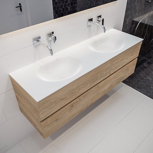 VICA 150cm mueble de baño Washed Oak 2 cajones lavabo MOON Doble sin orificio.
